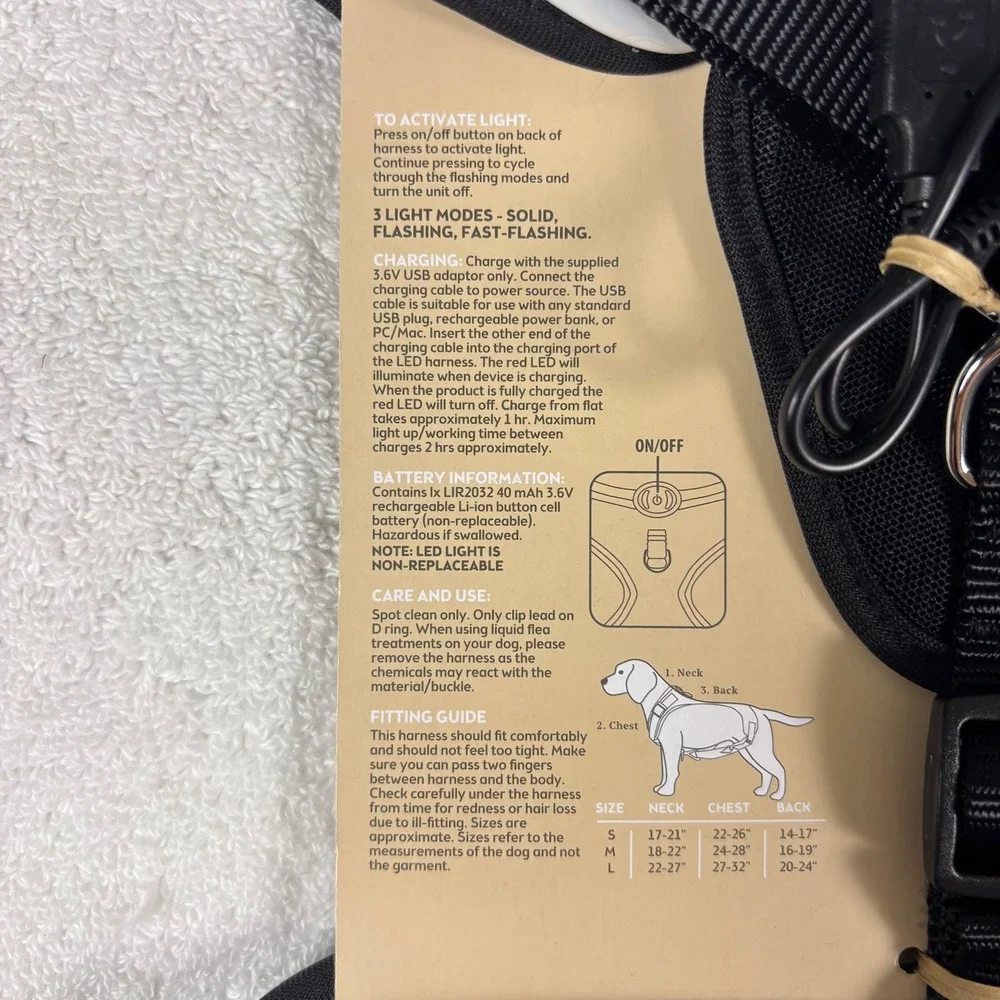 Heart to Tail LED‎ Dog Harness Medium Black USB Rechargeable 3 Light Modes